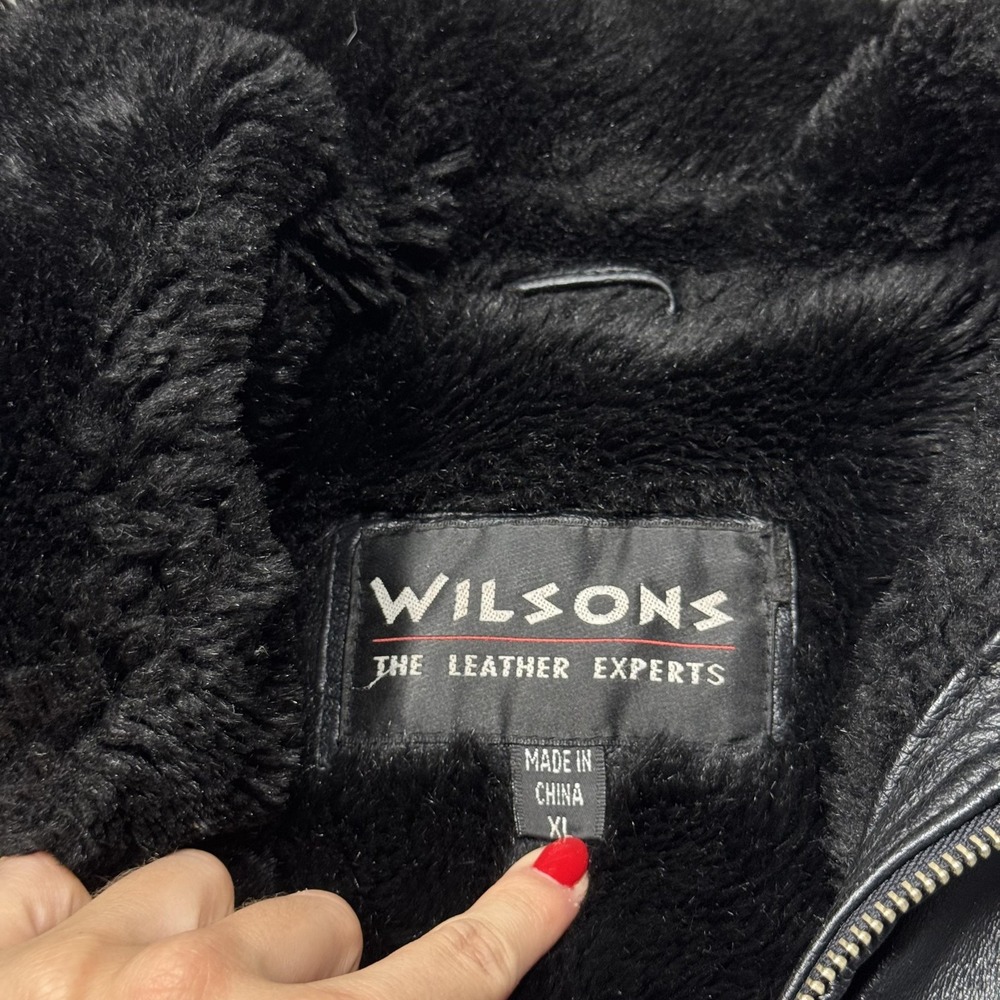 Wilsons Leather Coat Womens XL Black Belted Faux Shearling Zip Y2K Vintage - Picture 7 of 10